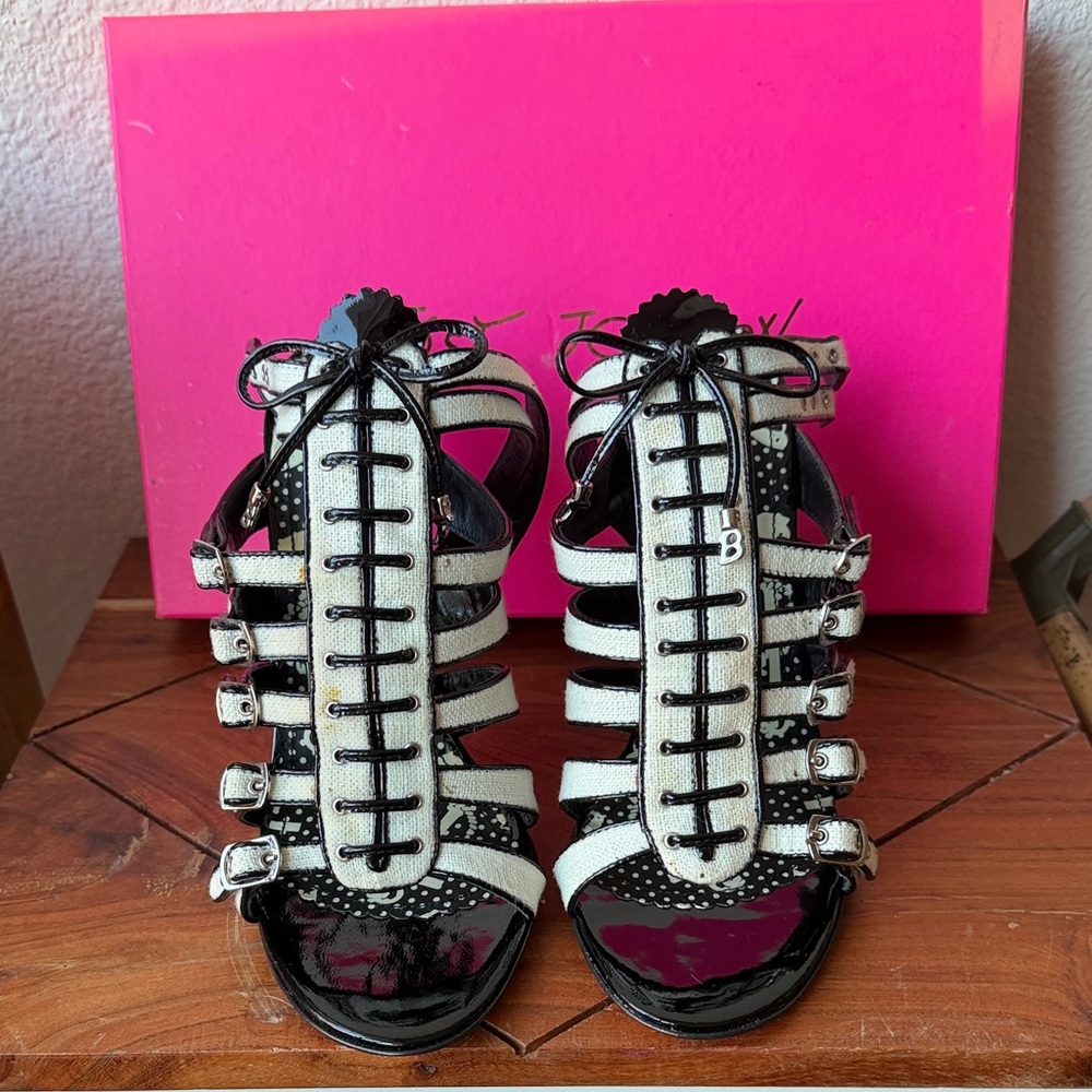 Betsey Johnson Black and White Strappy Lace-Up Heels